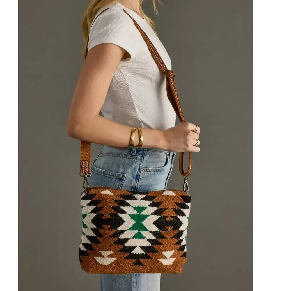 Brown, Black, Green, White Boho Western Woven Wool Crossbody Bag